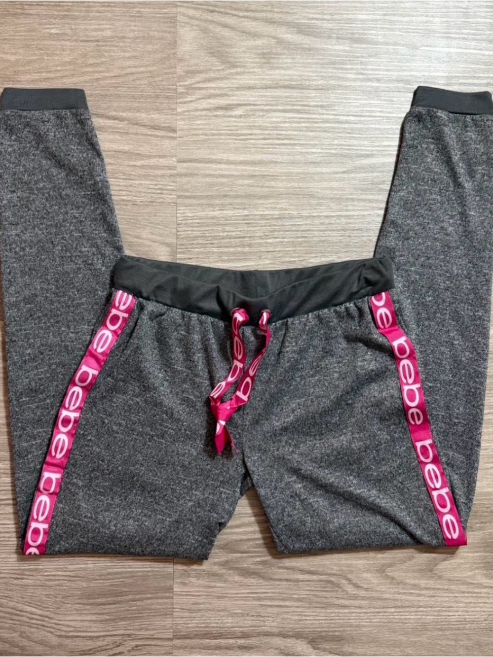 bebe Charcoal Gray Joggers with Pink Logo Trim